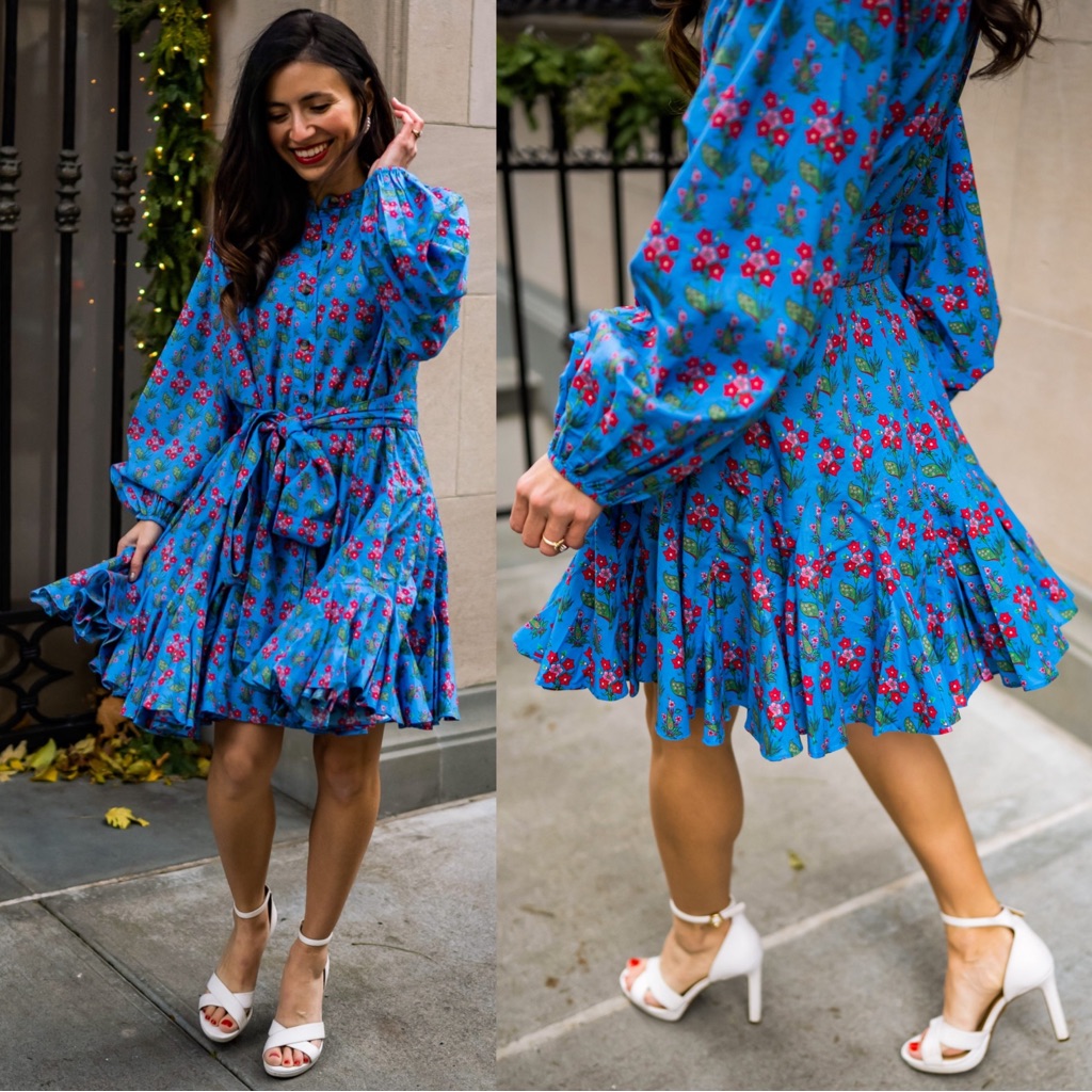 Rhode Emma Floral Balloon Sleeve Mini Dress Size Large Blue Vibrant Multi